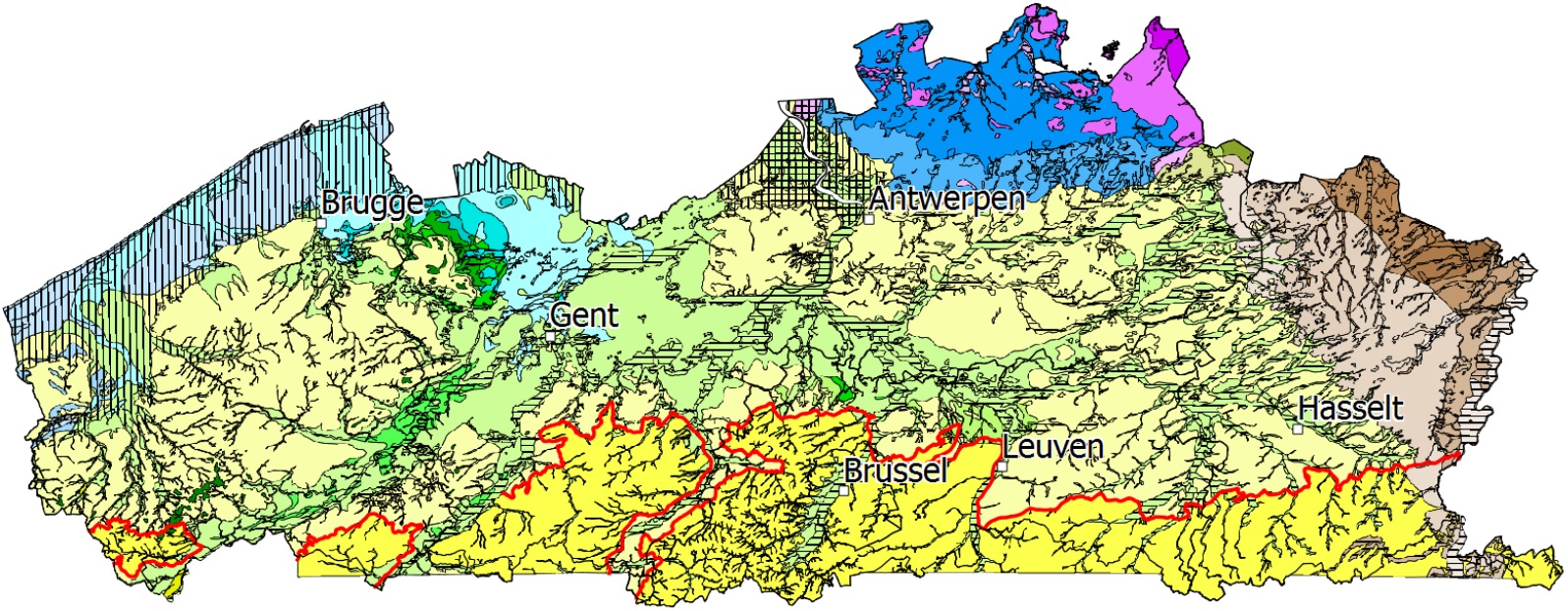 Quartairgeologische kaart van Vlaanderen.